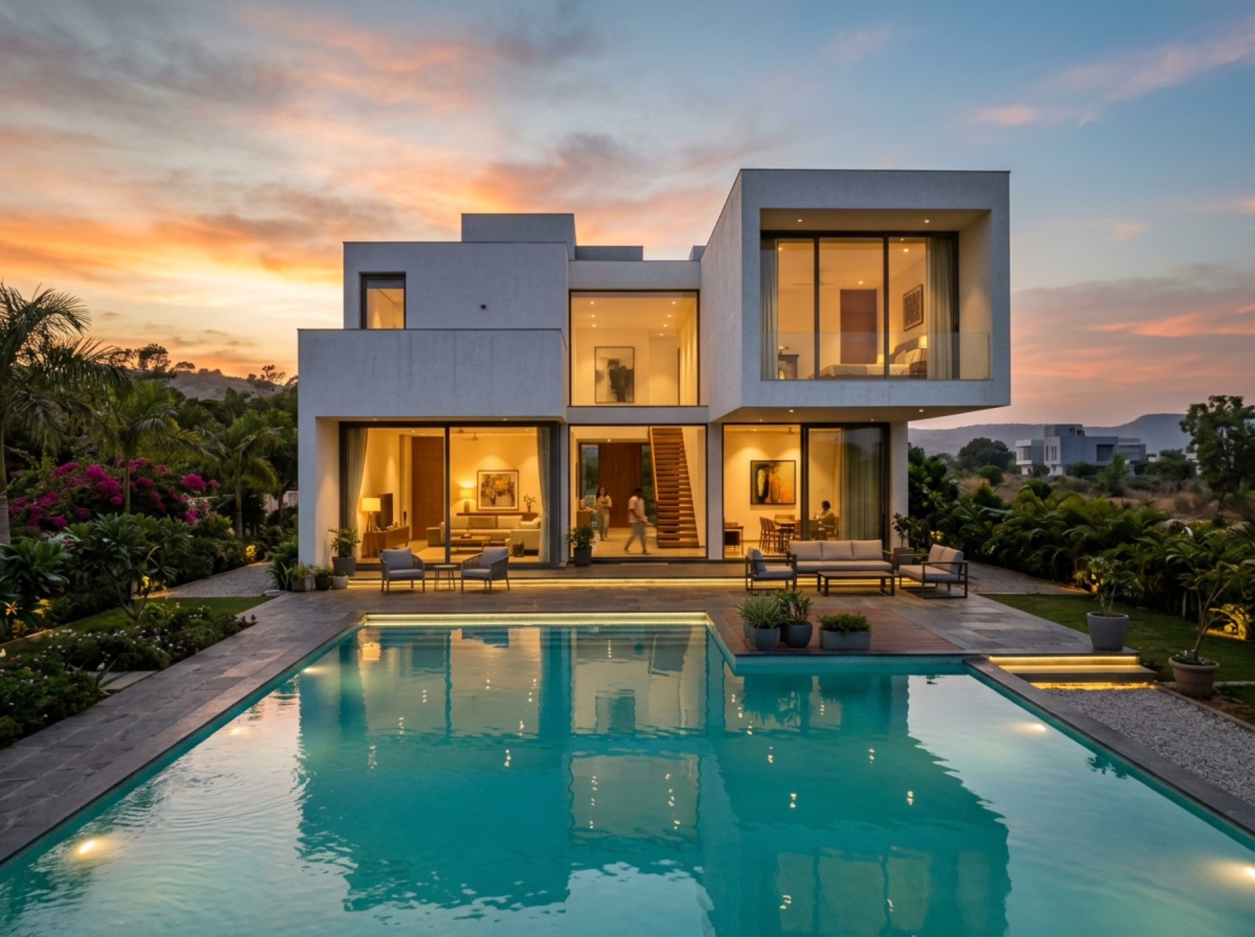 Modern villa concept with quiet planes and framed landscape views